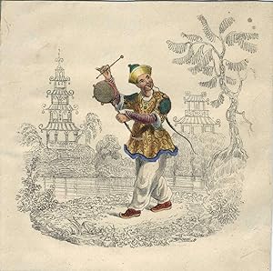 Playful color lithograph of Chinese man with drum