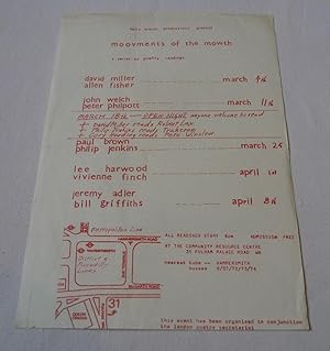 A poster by Open Mouth Productions for a series of poetry readings entitled 'moovments of the mowth'