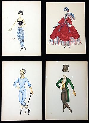 Original Art - 2 Watercolor Paper Dolls and Costumes in Stylized 1850s attire