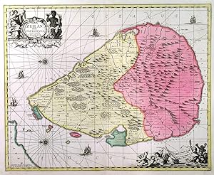 INSULA ZEILAN, OLIM TAPROBANA, NUNC INCOLIS TENARISIM. Map of Ceylon with large figurative cart...