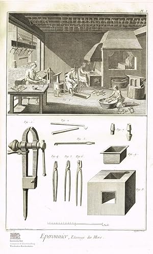 Eperonnier. Sporenmacher. Blick in eine Werkstatt mit Arbeitern bei der Herstellung von Steigbüge...