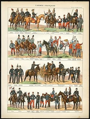 2 Antique Prints-ARMY-INFANTRY-CAVALRY-FRANCE-Larousse-1897