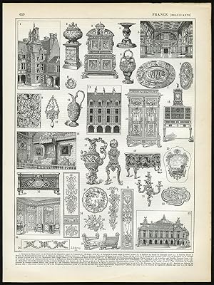 2 Antique Prints-FINE ARTS-ARCHITECTURE-APPLIED ARTS-FRANCE-Larousse-1897