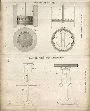 3 Engravings: Crystals and mining machinery. French Journal des Mines