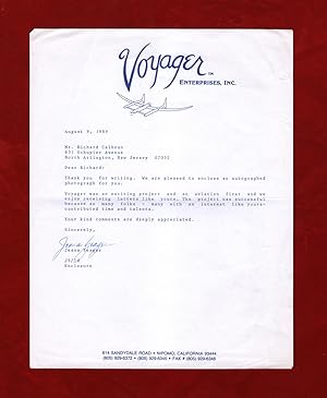 Jean Yeager TLS (Typed Letter Signed), August 9, 1989. Aerospace Pilot, Rutan Voyager.1st Non-Sto...