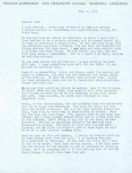 TLS Thomas Parkinson to his wife, Ariel Reynolds Parkinson, February 4, 1973. RE: Ariel's paintin...