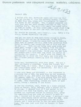 TLS Thomas Parkinson to his wife, Ariel Reynolds Parkinson, February 9, 1973. RE: reporting the s...