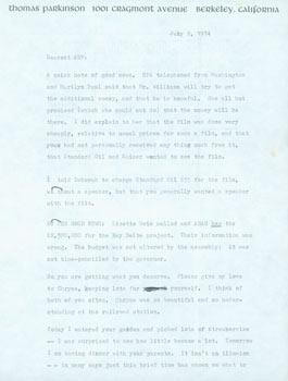 TLS Thomas Parkinson to his wife, Ariel Reynolds Parkinson, July 12, 1974. RE: Bay Delta Project,...