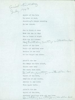 Spirit Of The Cove. Ariel's Birthday, July 1969. Typed poem with MS addendum penciled in margins.