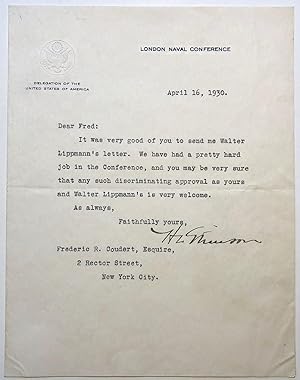 Typed Letter Signed on London Naval Conference letterhead