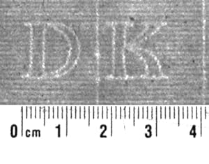 Blank folded sheet of laid paper with watermark DK on the left and Arms of Amsterdam on the right.