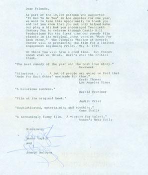 Press Release for "It Had To Be You" signed by Renee Taylor & Joseph Bologna.