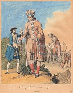 Hand-colored copperplate engraving of the "Habits of The Patagonians in 1764"