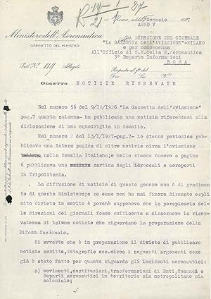 Carta intestata: "Ministero dell'Aeronautica, Gabinetto del Ministro", datata "Roma 15 gennaio 1927"