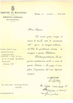 Carta intestata: "Comune di Bologna, Biblioteca comunale dell'Archiginnasio" datata, "Bologna, 6 ...