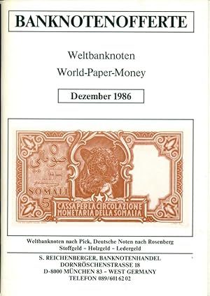 Banknotenofferte. Weltbanknoten. World-Paper-Money. Dezember 1986.