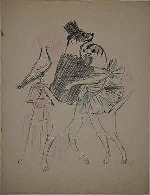 [Two dogs dressed in top hat and dress dancing, with a pigeon watching them] Lithograph with colo...
