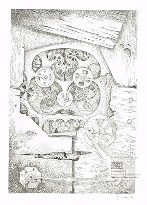 Mensch-Maschine-Symbiose II. Monochrome Original-Radierung von Günther Thiersch 1970. Vom Künstle...