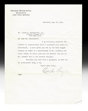 Letter of Introduction from Charles Hayden to J.B. Herreshoff, Jr. (TLS, New York - Boston Bankers)