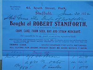 Duke of Norfolk Estates, Sheffield. Invoice from Robert Staniforth, Seed Merchant, 1922.