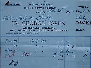 Duke of Norfolk Estates, Sheffield. Invoices from George Owen, Wholesale Druggist, 1922.