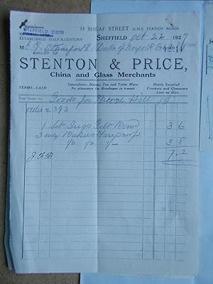 Duke of Norfolk Estates, Sheffield. Invoice from Stenton & Price, China Merchant. 1927.