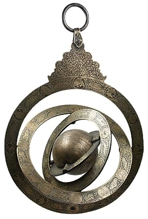 Rotating celestial globe, surrounded by four pivotable concentric rings, the uppermost with ornam...