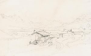 Berchtesgadener Land mit Dorfhäusern im Vordergrund, Juni/Juli 1820.