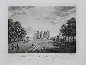 Original Antique Engraving Illustrating a view of 'the Duke of Queensbury's Palace, at Drumlanrig...
