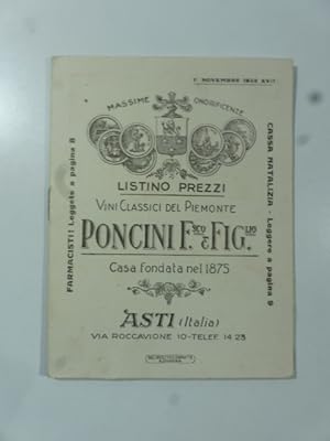 Listino prezzi vini classici del Piemonte. Poncini F. co & figli. Casa fondata del 1875. Asti