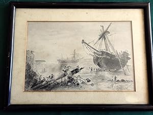 Ink & wash drawing of a shipwreck on a beach with figures.