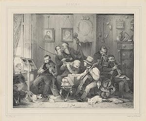 Lithograph of a group of 19th century instrumentalists by H.J. Backer after a drawing by David Jo...
