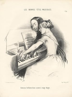 Exécution brillante d'une sonate à vingt doits. Lithograph of a young lady at the piano by Frédér...