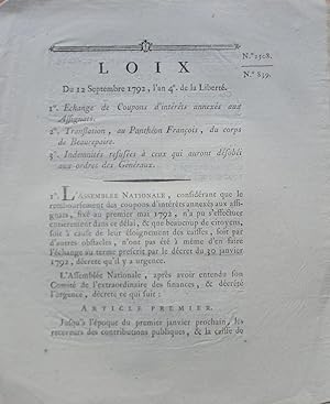 Loix du 12 Septembre 1792, l'an 4e de la Liberté I Echange de coupons d'intérêts annexés aux Assi...