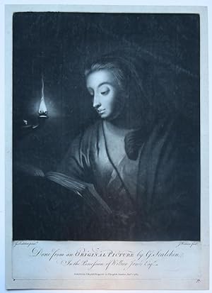 [Antique print, mezzotint] Young woman reading by an oil lamp, published 1764, 1 p.