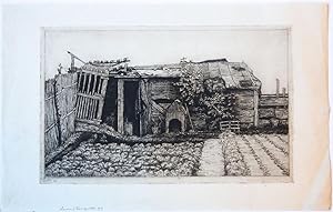 [Modern print, etching and drypoint] Backyard with vegetable garden and shed (moestuin en schuur)...