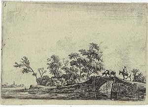 Antique print, etching | A rider and flock on a bridge, published ca. 1680, 1 p.