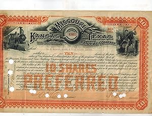Stock Certificate for 10 Shares in the Missouri, Kansas and Texas Railway Company