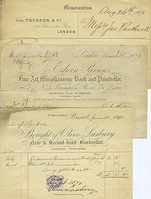 Bookseller invoices from London and Bristol, with franked envelopes