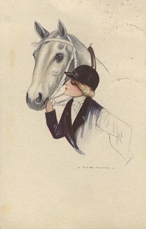 Cartolina raffigurante una giovane bionda in montura da cavallerizza che tiene per le briglie un ...
