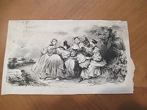 Five Girls At Play In Gardens, Spanking :Original Antique Lithograph