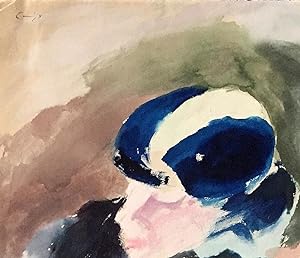 Appealing, Bright Water Color SIGNED, "Figure in Blue Hat," attached to blue mat printed with the...