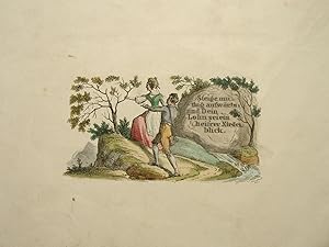 Stammbuchblatt mit gedruckter handkolorierter Feder-Lithographie.