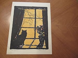 At Home [ Original Colored Linocut Of A Cat In A Window]