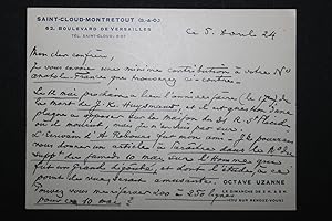 Carte-lettre d'Octave Uzanne, sans doute adressée au directeur du Figaro, le 5 avril 1924