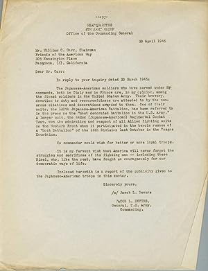 Mimeographed copy of letter from General Devers commending Japanese American soldiers to William ...