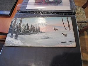 Primitive Painting Of Deer In A Snowy Mountainous Landscape