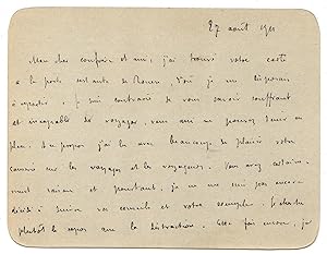 Carte-lettre autographe à Octave Uzanne. [Paris ?] 27 août 1911.