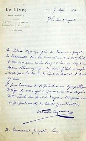 Lettre autographe à Emmanuel Gonzalès ( Musset 1881)