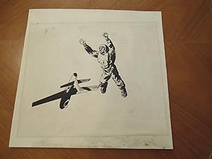 (Science Fiction Art) Original Ink Drawing Of A Pilot Ejecting From A Circa 1950/1956 Jet Airplan...